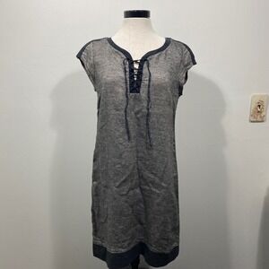 One Step Metallic Silver Linen Lace Up Shift Dress Black Trim Sz 10/12 Lagenlook